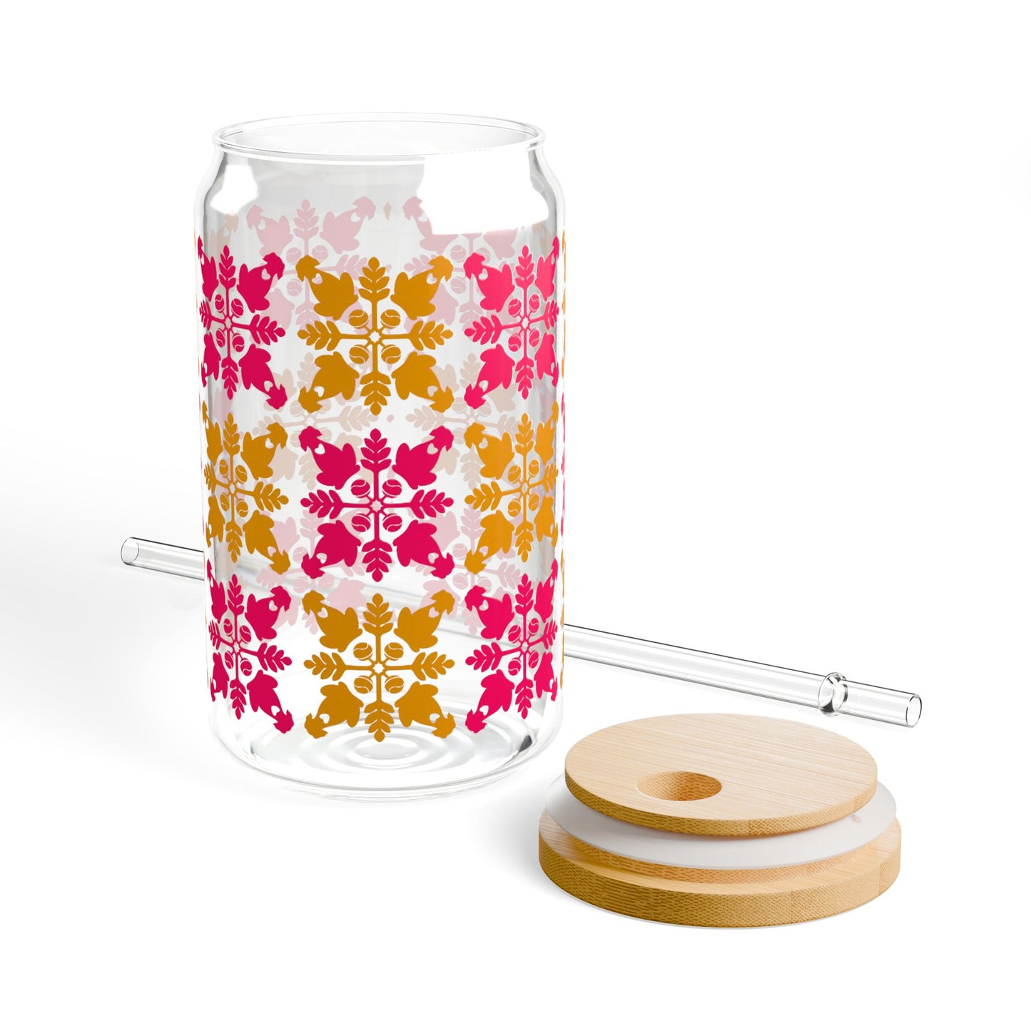 Heart and Fern Glass Sipper Cup – Modern Hawaiian Quilt Design