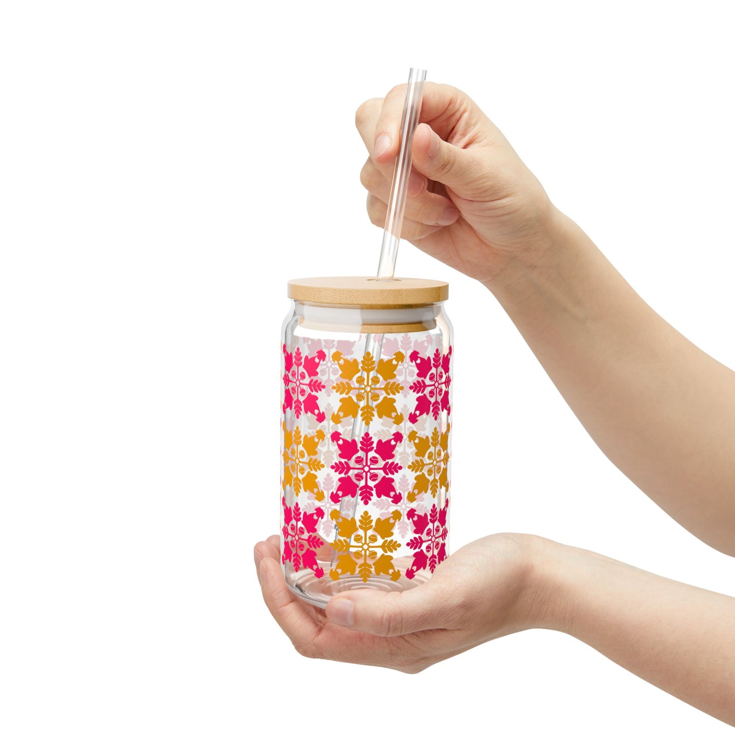 Heart and Fern Glass Sipper Cup – Modern Hawaiian Quilt Design