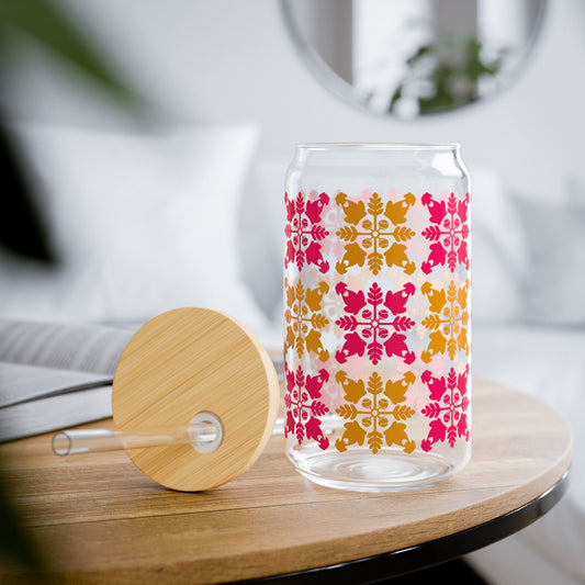 Heart and Fern Glass Sipper Cup – Modern Hawaiian Quilt Design